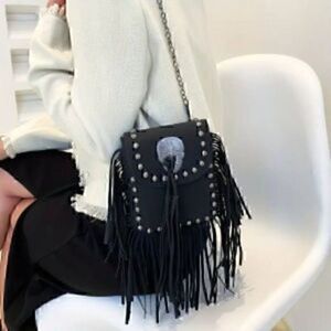 Y2K Fringe Crossbody Bag, Steampunk Chain Shoulder Bag, Trendy Studded Purse